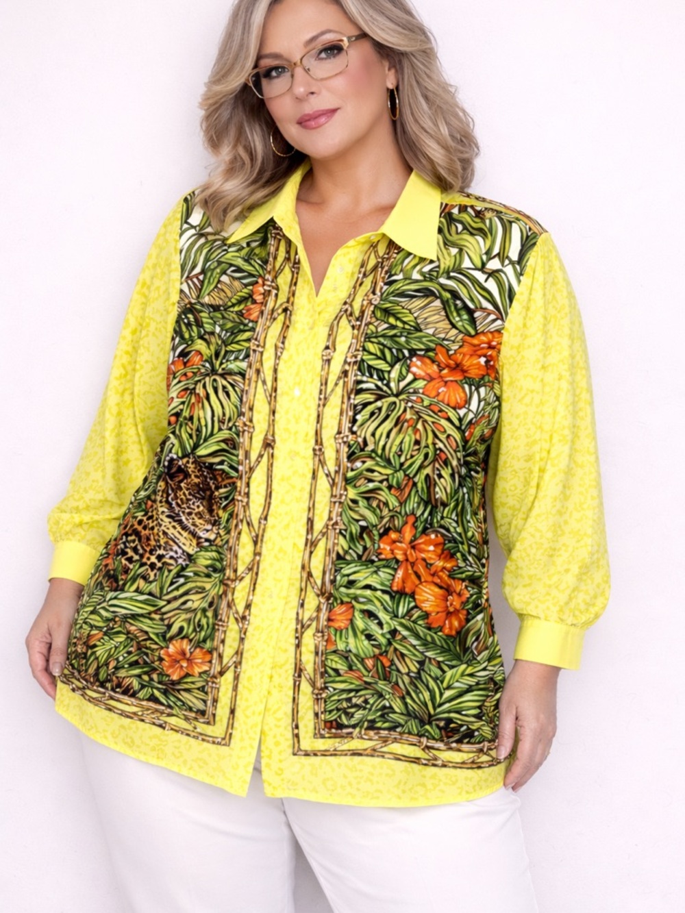 Vintage Diane Gilman Neon Tropical Animal Print Leopard Button-Up Blouse Size 2X